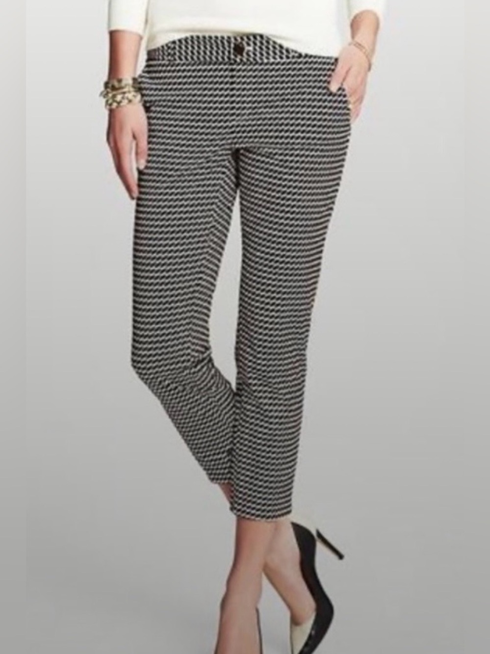 Banana Republic Hampton Fit Geometric Print Stretch Cropped Dress Pant B&W 12